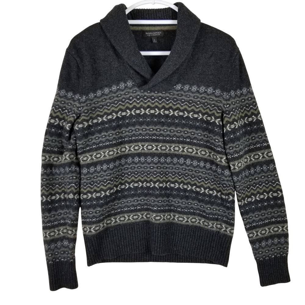 Banana Republic Mens Merino Wool Fair Isle Shawl Collar Sweater Gray Olive Small